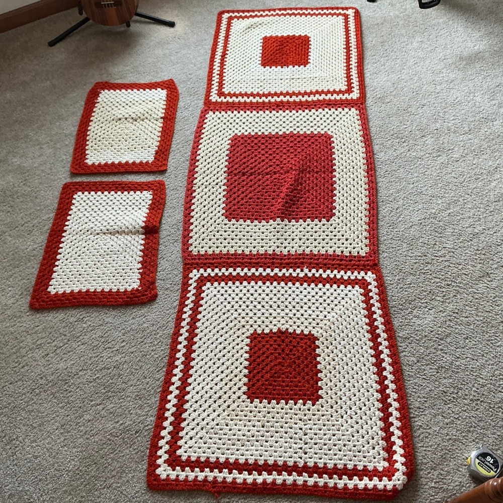 Hand Crocheted‎ Table Runner & 2 Placemats Set Red Cream Cottagecore Farmhouse